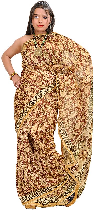 Friar-Brown Chanderi Sari with Kalamkari Printed Leaves All-Over