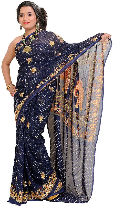 Patriot-Blue Sequined Sari from Jaipur with Printed Elephant Procession