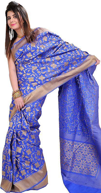 Bright-Blue Banarasi Sari with Woven Stylized Flowers and Golden Border