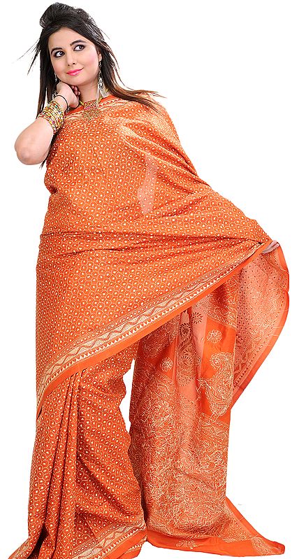 Apricot-Orange Kantha Sari from Kolkata with Hand Embroidered Bootis All-Over