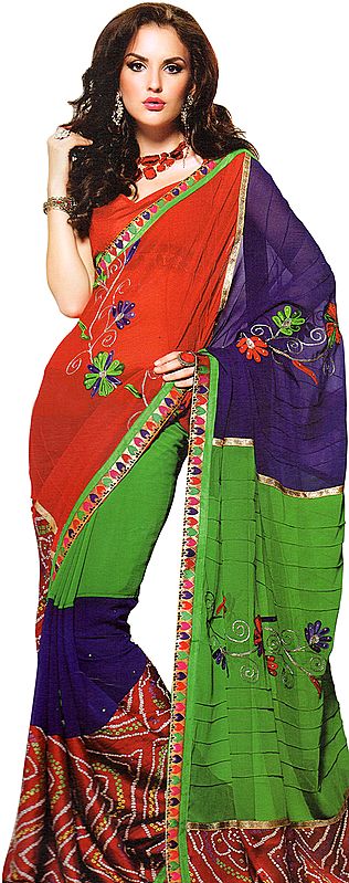 Tri-Color Sari with Embroidered Flowers and Bandhani Print