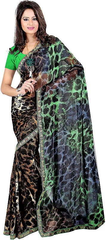 Leopard-Skin Printed Sari with Embroidered Patch Border
