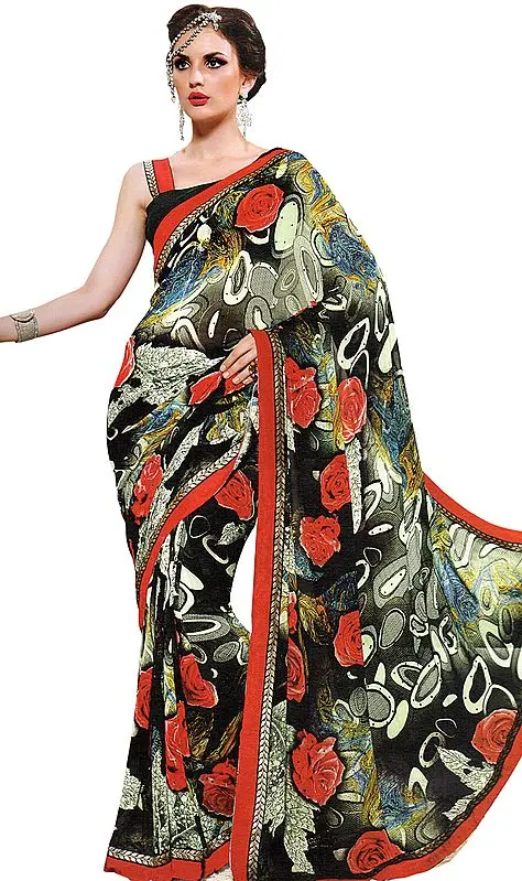Black Sari with Printed Roses and Patch Border