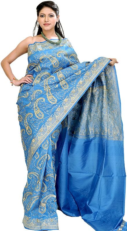 Blue-Jewel Banarasi Sari with Embroiderd Paisleys in Golden-Thread and Sequins