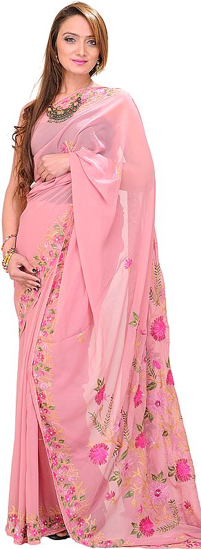 Dusty-Rose Kashmiri Sari with Floral Aari Embroidery