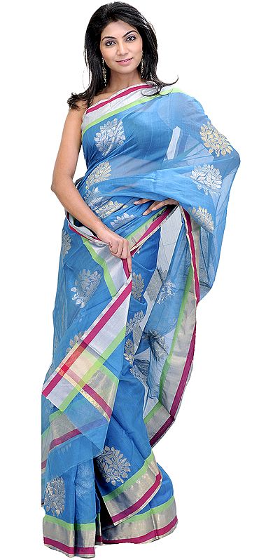 Methyl-Blue Chanderi Sari With Woven Leaves in Golden and Silver Thread
