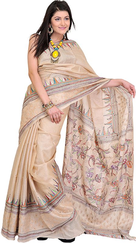 Frosted-Almond Designer Kantha Sari from Kolkata with Mirrors and Hand-Embroidered Flowers