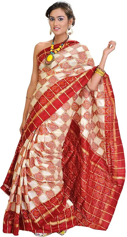 Cream and Red Ikat Sari Hand-Woven in Pochampally with Golden Thread Weave
