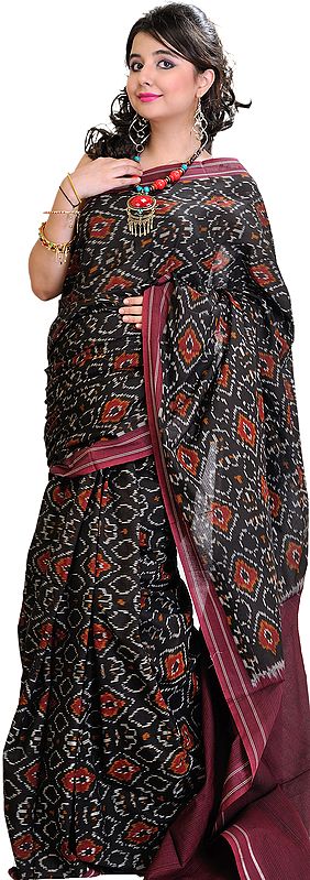 Black Ikat Hand-Woven Sari From Pochampally