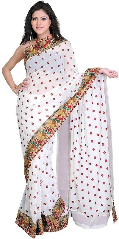 Bright-White Georgette Sari with Embroidered Bootis and Patch Border