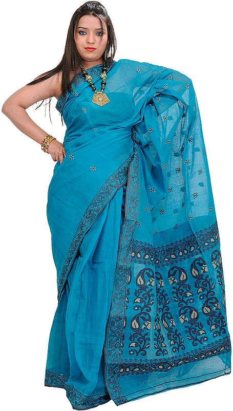 Tile-Blue Jamdani Sari from Bengal with Woven Paisleys on Aanchal