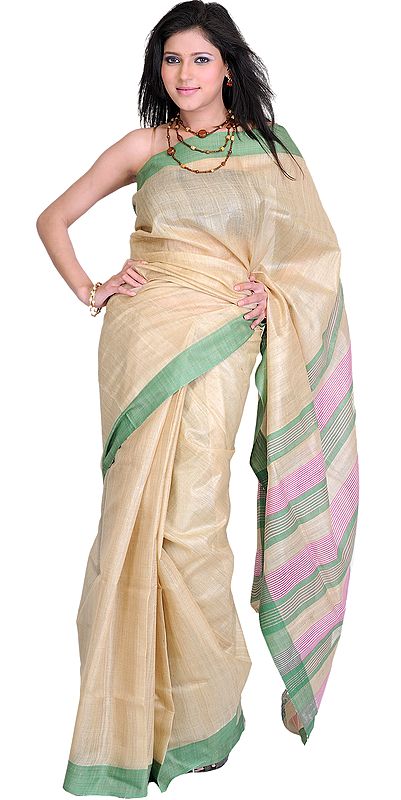 Marzipan-Colored Kosa Silk Sari from Jharkhand with Woven Stripes on Aanchal