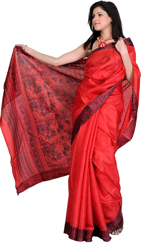 Poinsettia-Colored Plain Sari with Flower Printed Border and Self-Weave