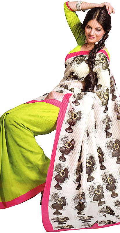 Ivory and Bright-Green Sari with Table-Fan Prints on Aanchal