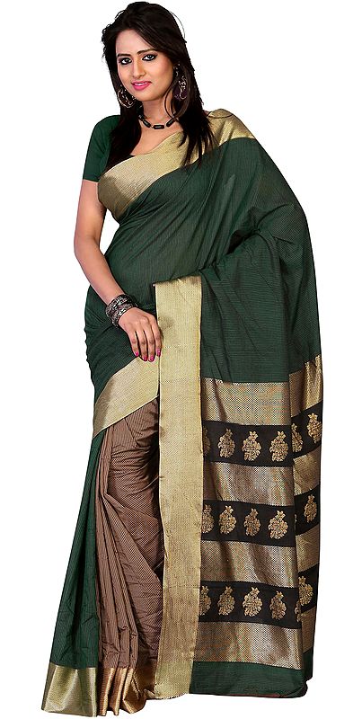 Green and Brown Striped Patli Sari with Woven Flowers on Aanchal