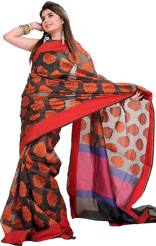 Double-Colored Banarasi Sari With Woven Flowers and Plain Border