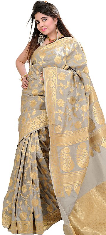 Flint-Gray Banarasi Sari with Woven Flowers in Golden Thread