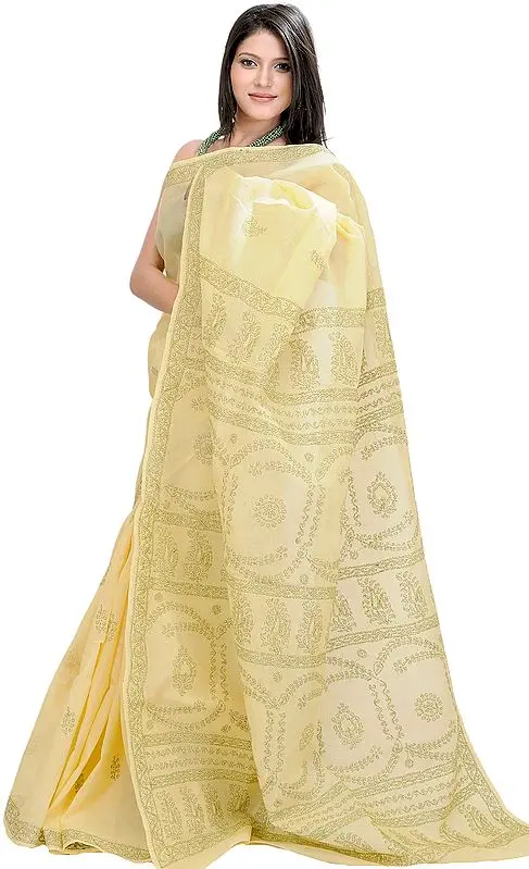Impala-Colored Lukhnavi Chikan Hand-Embroidered Sari