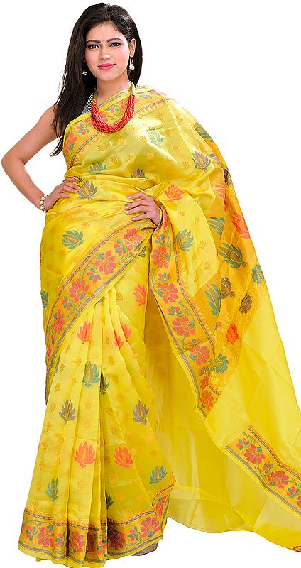 Green-Sheen Banarasi Handloom Sari With Woven Lotuses
