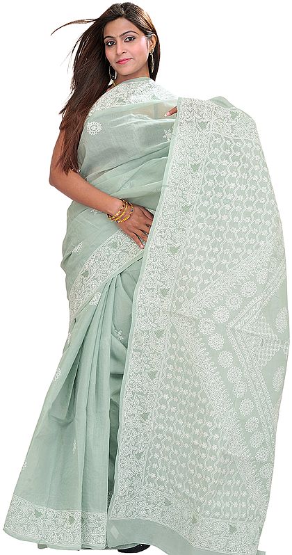 Smoke-Green Hand-Embroidered Lukhnavi Chikan Sari