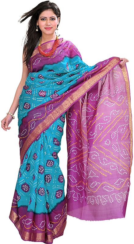 Blue-Jewel and Purple Tie-Dye Bandhani Sari from Gujarat with Brocade Border
