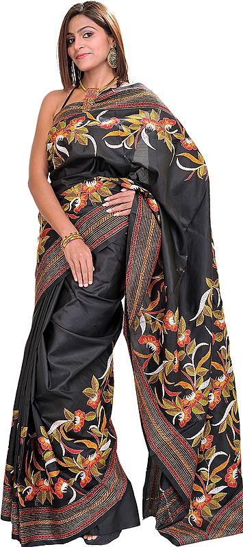 Jet-Black Kantha Sari from Kolkata with Floral Embroidery by Hand