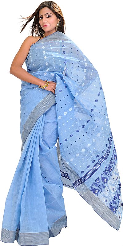 Placid-Blue Jamdani Sari from Bengal with Woven Bootis and Striped Border