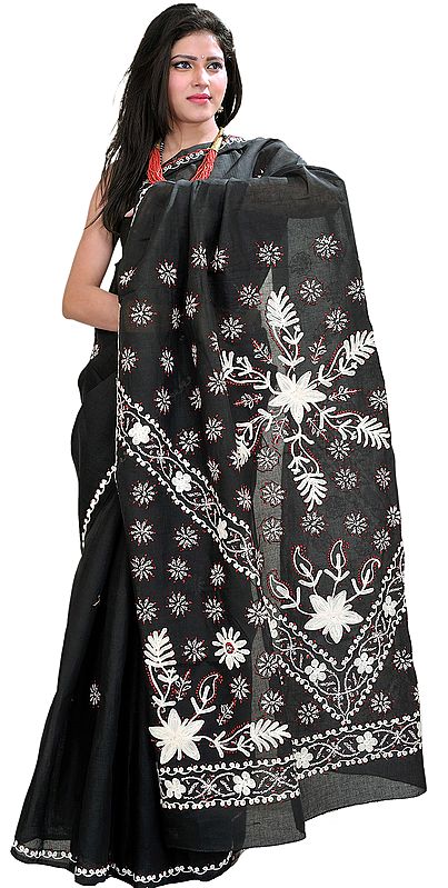 Phantom-Black Lukhnavi Chikan Sari with Hand-Embroidered Flowers on Aanchal
