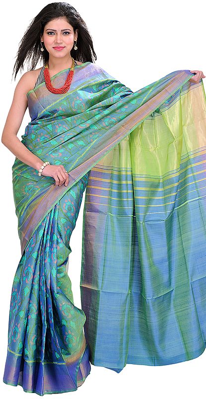 Kiwi-Green Patan Patola Sari From Gujarat with Ikat Weave
