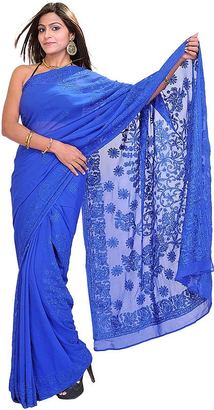 Olympian-Blue Sari From Lucknow with Lukhnavi Chikan Floral Embroidery by Hand