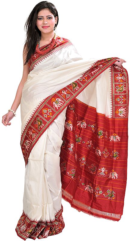 Snow-White Plain Patola Sari with Ikat Weave on Border and Aanchal