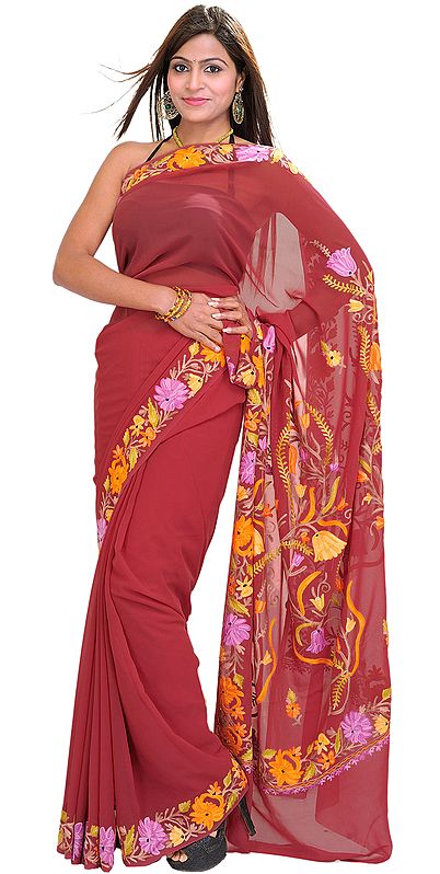 Earth-Red Sari with Kashmiri Floral Embroidery on Aanchal and Border