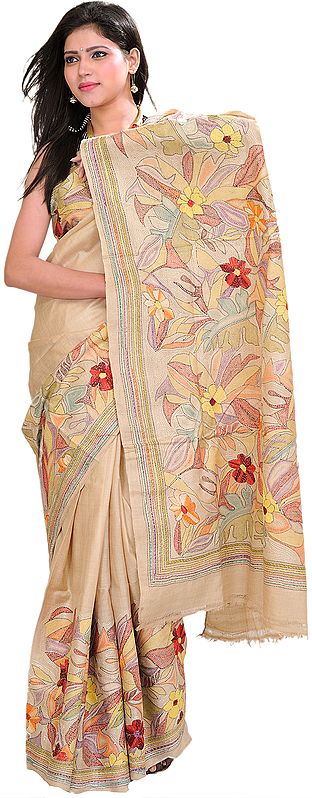 Frosted-Almond Sari from Kolkata with Kantha Hand-Embroidered Flowers