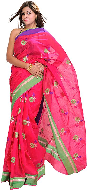 Bright-Rose Chanderi Handloom Sari with Woven Flowers