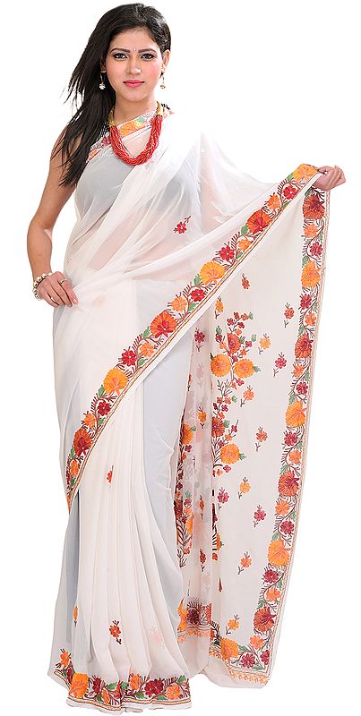 Bright-White Sari From Kashmir with Aari-Embroidered Flowers