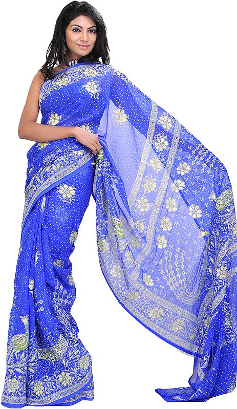 Bright-Blue Sequined Sari from Jaipur with Printed Flowers and Peacocks