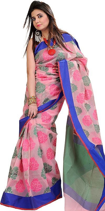 Candy-Pink Banarasi Sari With Woven Flowers and Solid Border