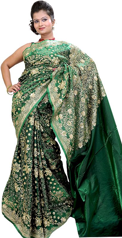 Amazon-Green Banarasi Sari with Beads and Embroidered Flowers in Golden Thread