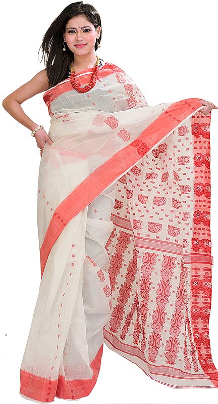 Bright-White Tangail Sari from Bengal with Woven Bootis