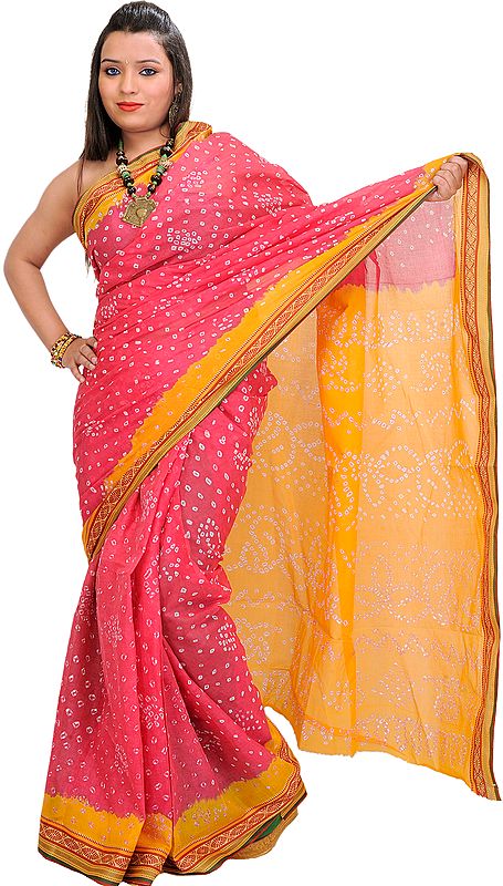 Honeysuckle-Pink and Yellow Bandhani Tie-Dye Sari from Gujarat with Woven Border