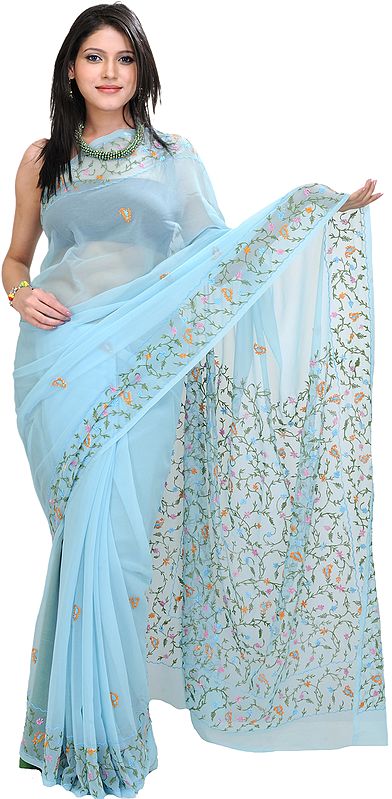 Angel-Blue Sari with Embroidered Flowers in Multi-color Thread