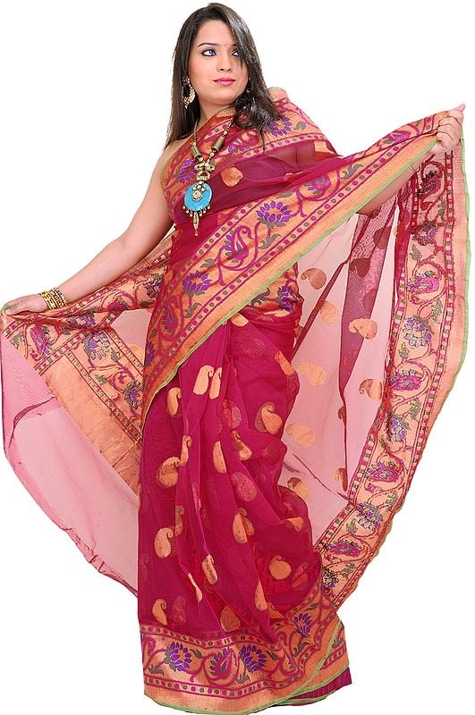 Lilac-Rose Banarasi Sari with Woven Paisleys and Wide Border