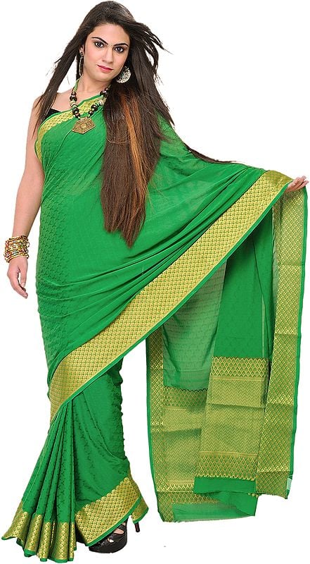 Fern-Green Handloom Sari from Bangalore with Self-Weave and Golden Border