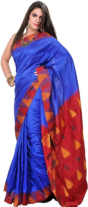 Strong-Blue Plain Pure Silk Saree from Karnataka with Woven Temple Border