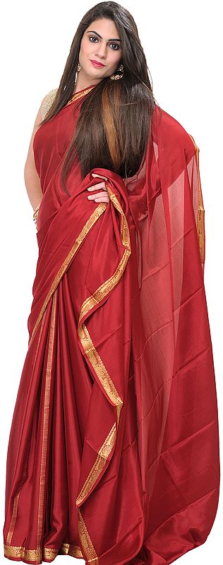 Brick-Red Plain Bridal Sari with Golden Thread Weave on Border