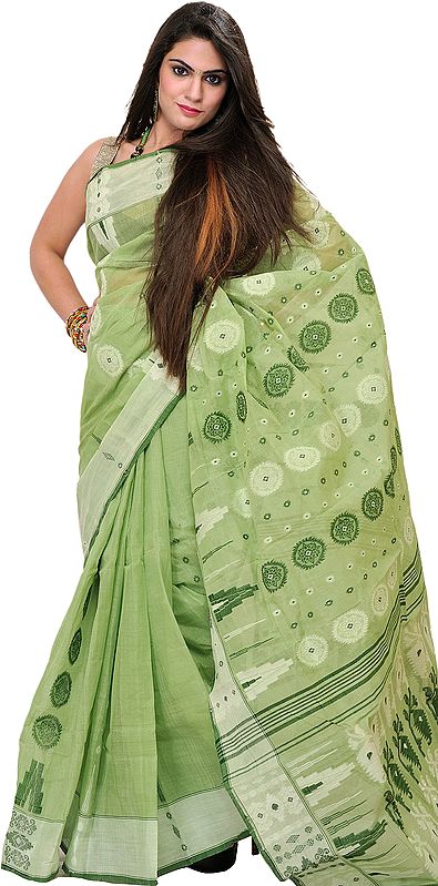 Nile-Green Tant Sari from Bengal with Woven Chakras