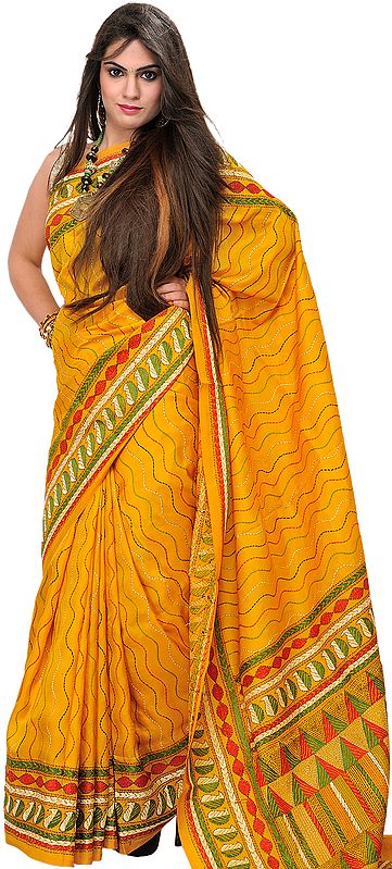 Yolk-Yellow Kantha Sari from Kolkata with Embroidered Zigzag Stripes