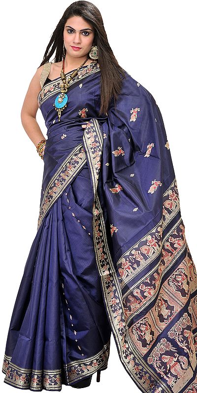 Crown-Blue Baluchari Sari from Kolkata with Depicting Hindu Mythological Episodes