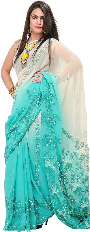 Ivory and Green Shaded Lukhnavi Chikan Sari with Embroidered Flowers by Hand