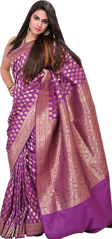 Dahlia-Colored Traditional Banarasi Sari with Woven Bootis and Brocaded Aanchal